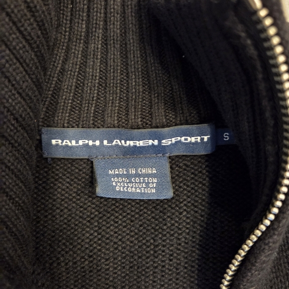 Ralph Lauren Sport Black Full Zip Cable Knit Sweater w/Pockets Small - Picture 2 of 2